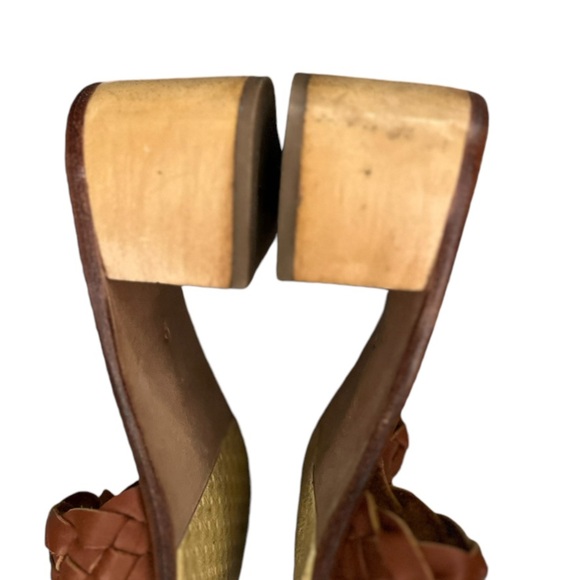 LIBERTÉ Santorini Leather Woven Cognac Mules Heeled Open Toe Sandals - Picture 12 of 14